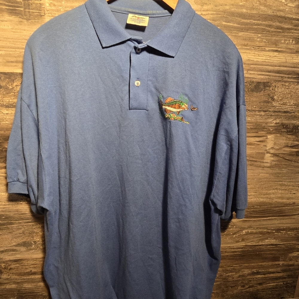 Vintage 80s 90s Men's Polo Shirt Sz XL Blue USA Stedman Large Mouth Bass Fishing